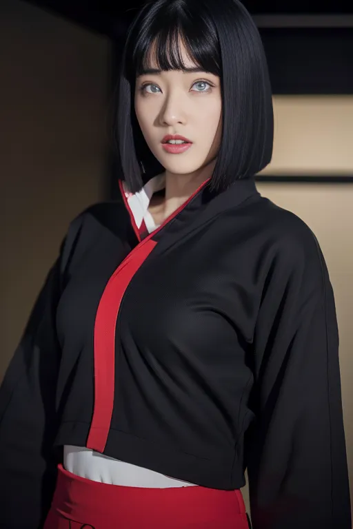 The image shows a young woman with short black hair and blue eyes. She is wearing a black kimono with red accents and a white obi. The kimono has a cropped jacket top with long tails. The skirt of the kimono is red. She is looking at the camera with a serious expression.