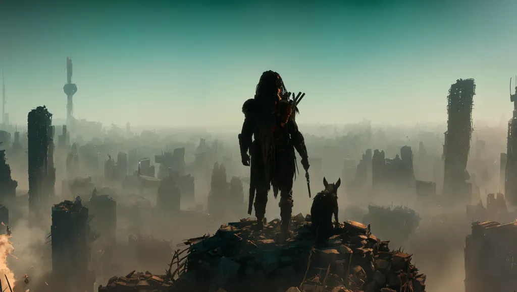 The image is a post-apocalyptic landscape. The once-great city is now in ruins, with destroyed buildings and skyscrapers. The sky is hazy and filled with smoke. There is a figure standing on a pile of rubble. The figure is holding a weapon and is accompanied by a dog. They are both looking out over the ruined city. The image is full of hopelessness and despair. It is a reminder of the fragility of our world and how quickly it can be destroyed.