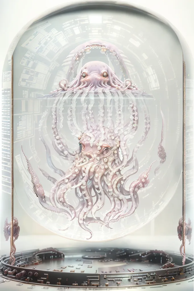 The image is a 3D rendering of a glass jar with a creature inside. The creature has a large, bulbous head with two large eyes and a mouth full of sharp teeth. Its body is long and slender, with eight tentacles that end in sharp points. The creature is floating upside down in the jar, and its tentacles are wrapped around the sides of the jar. The jar is sitting on a metal surface, and there is a control panel next to it.