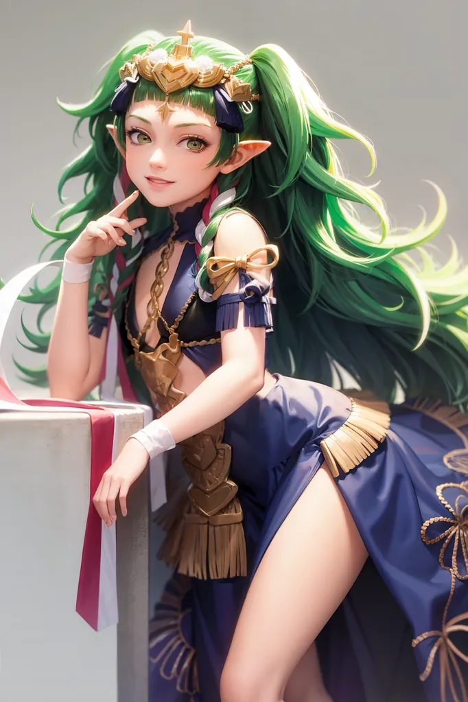 The image is of a young woman with long green hair and green eyes. She is wearing a blue and gold dress with a white undershirt. She is also wearing a gold necklace and a gold crown. She is standing in front of a white background and has a thoughtful expression on her face.