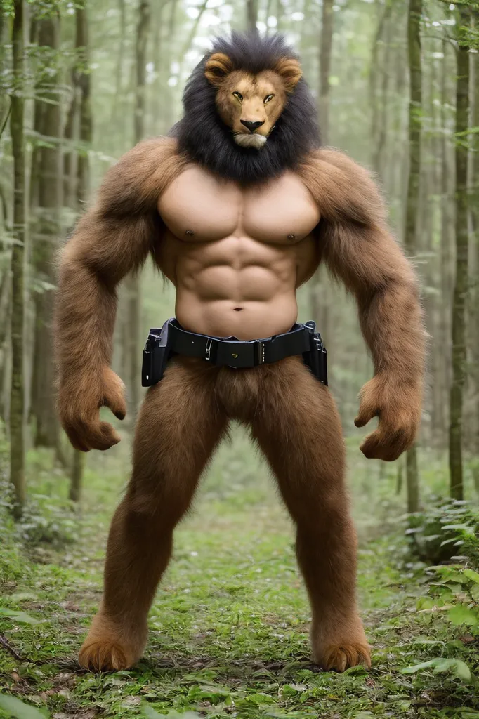 The image depicts a muscular humanoid lion standing in a dense forest. The lion has light brown fur, a dark brown mane, and green eyes. It is wearing a black belt with two holsters. The background of the image is a lush green forest with tall trees and a thick understory.