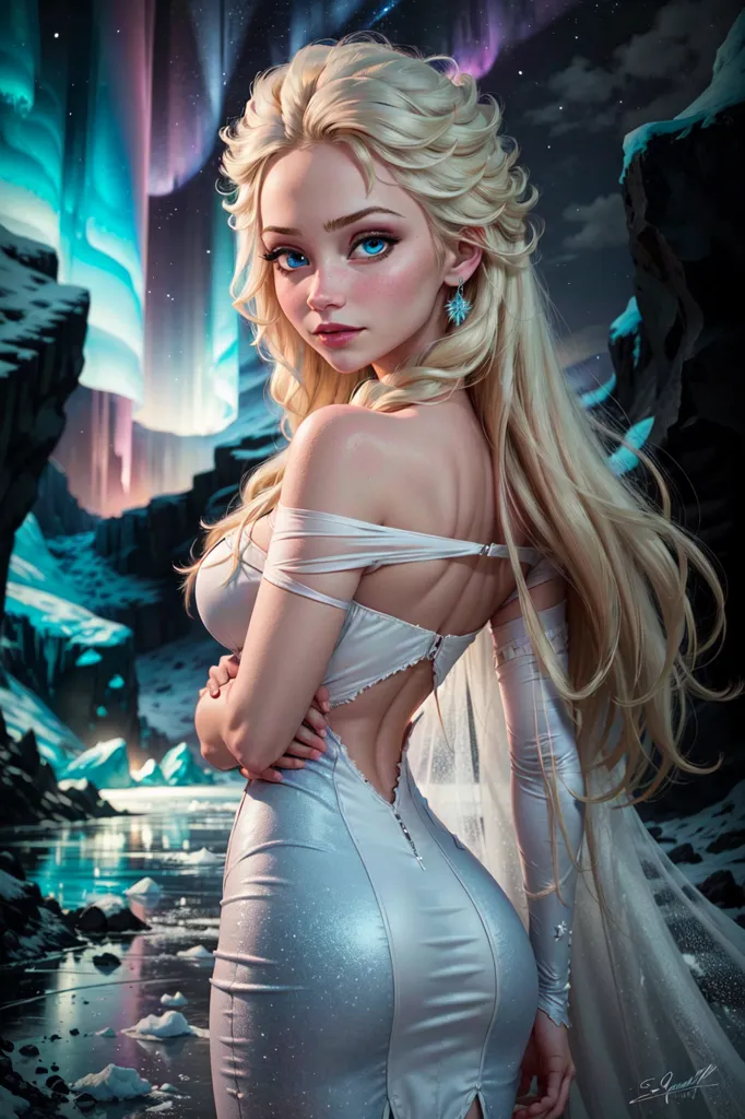 The picture shows a beautiful woman with long blond hair. She is wearing a white dress with a low neckline and a high slit. The dress is made of a shiny material and it sparkles in the light. The woman is standing in a snowy landscape and there is a river behind her. The sky is dark and there are stars and an aurora in the sky. The woman is looking at the viewer with a serious expression on her face.