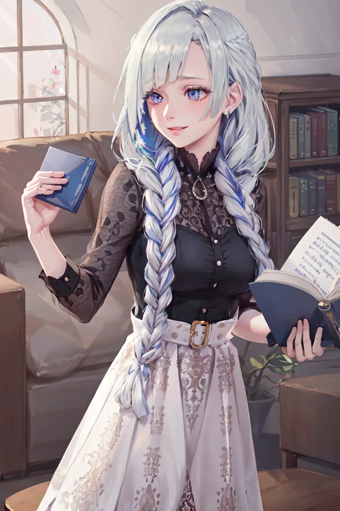 The image shows a young woman with long white and blue hair, blue eyes, and a gentle smile. She is wearing a black blouse with a white collar and a white skirt. She is holding a book in her left hand and a card in her right hand. She is standing in a room with a bookshelf and a sofa.