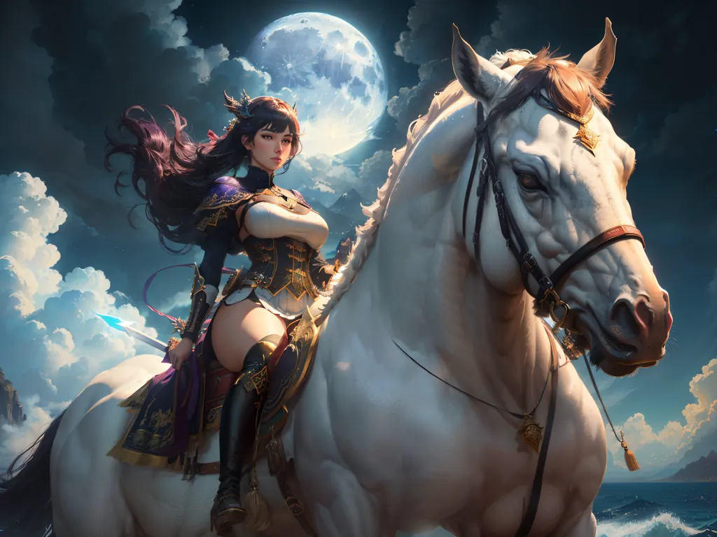 The image is of a woman riding a white horse. The woman is wearing a blue and purple outfit and has long brown hair. The horse is wearing a saddle and bridle and has a long white mane. The woman is holding a sword in her right hand. The background is a dark blue sky with a full moon.