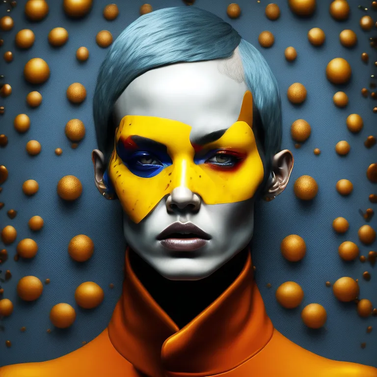 L'image est un portrait d'une jeune femme aux cheveux bleus avec du maquillage facial jaune et rouge. Elle porte un chemisier col roulé jaune. L'arrière-plan est un motif de sphères orange.