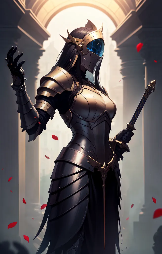 The image is of a woman in armor. She is wearing a full suit of armor, including a helmet, breastplate, and greaves. The armor is dark in color, with gold trim. The woman is also wearing a cape. She has long black hair, which is flowing out from under her helmet. Her eyes are blue, and she has a determined expression on her face. She is standing in a confident pose, with her feet shoulder-width apart and her sword held in her right hand. The background is a blur of red rose petals.