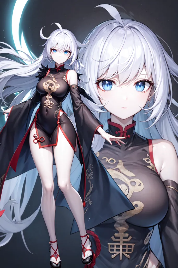 La imagen es de una hermosa chica de anime con el cabello blanco largo y ojos azules. Lleva un vestido de estilo cheongsam negro y rojo con adornos dorados y acentos rojos. El vestido tiene un cuello alto y una larga abertura a un lado, mostrando sus piernas. También lleva medias negras y tacones altos rojos. Su cabello está recogido en una cola de caballo con una larga cinta que fluye. Tiene una expresión confiada en su rostro y mira al espectador con una ligera sonrisa. El fondo es de un azul oscuro con una luna creciente en la esquina superior izquierda.