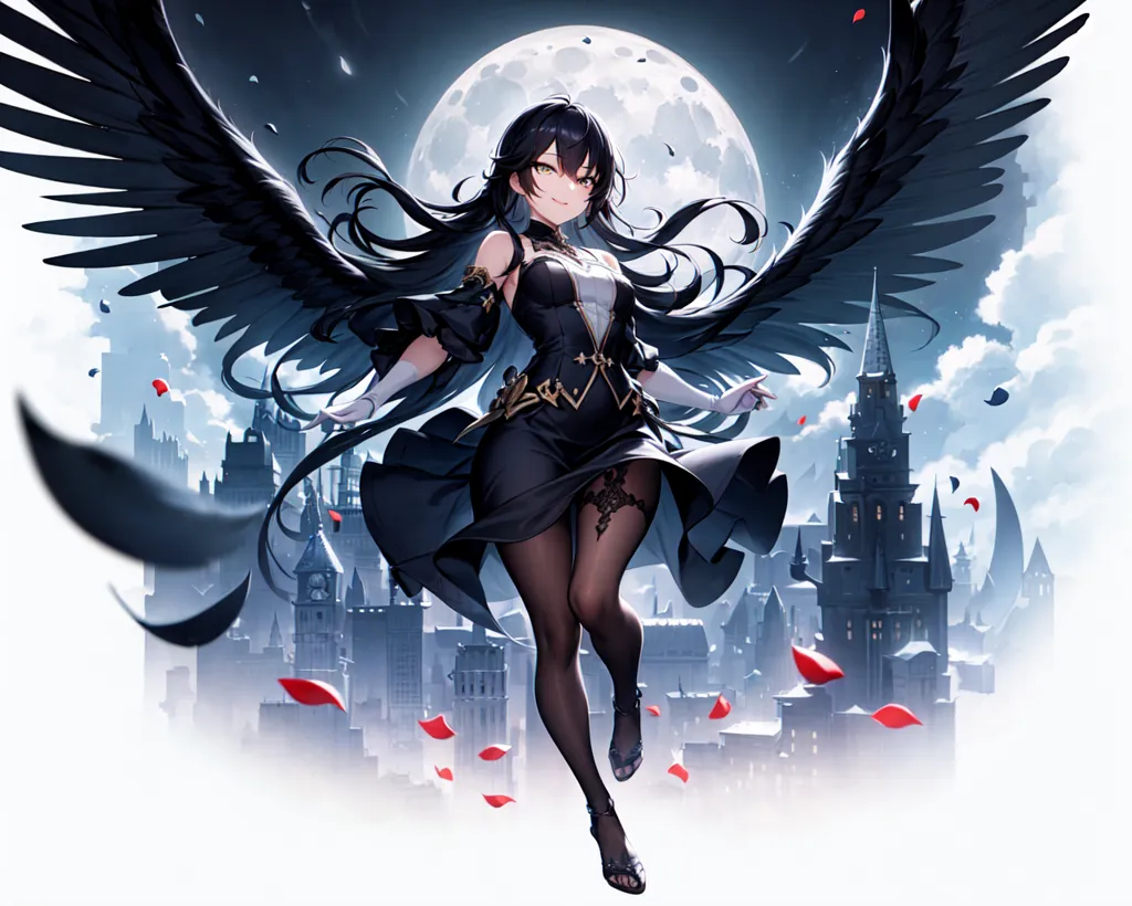 La imagen es de una hermosa chica de anime con cabello negro largo y ojos verdes. Ella está usando un vestido negro con un cuello blanco y medias negras. Tiene alas negras y está volando frente a una luna llena. El fondo es un paisaje urbano con edificios altos y una torre del reloj. También hay algunos pétalos de rosa roja cayendo del cielo.