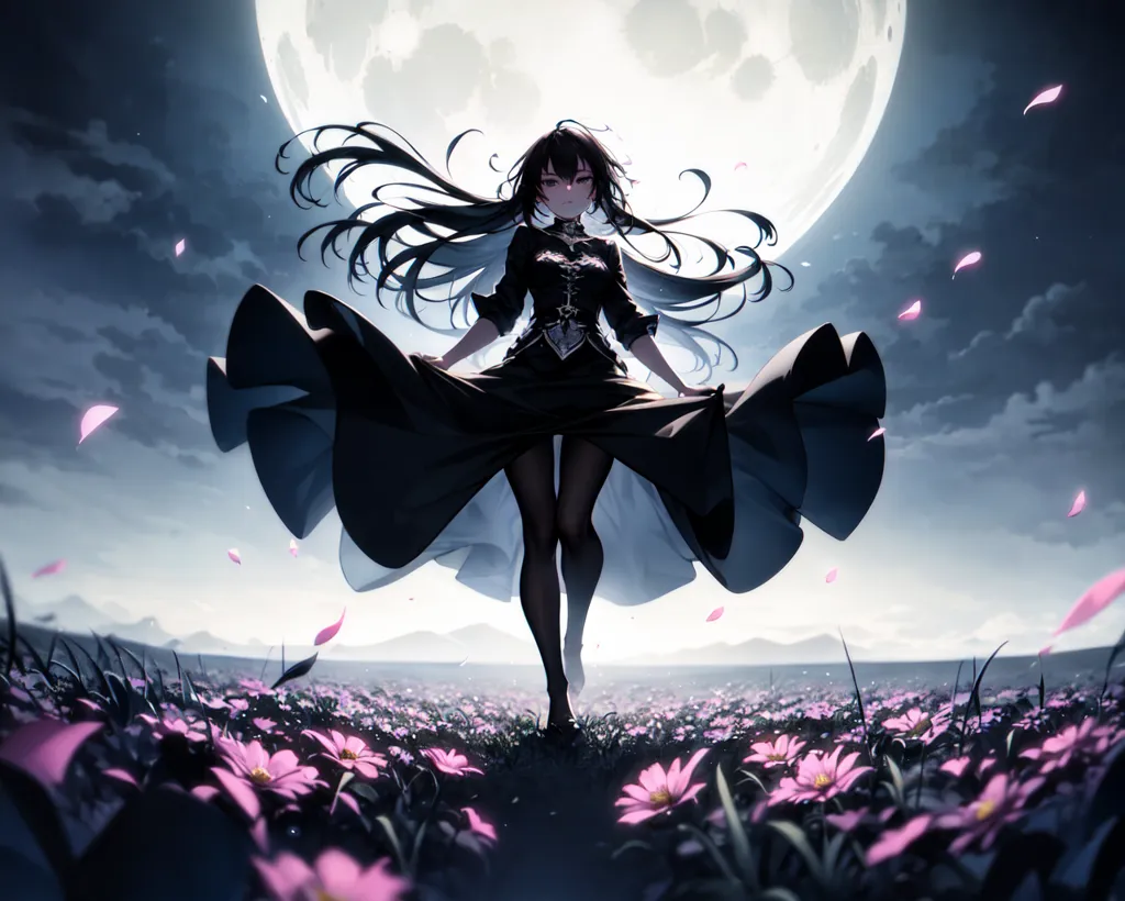 This is an image of a girl with long black hair wearing a black and purple dress standing in a field of pink flowers. The moon is full, and there are clouds in the sky. The girl is looking at the viewer with a serious expression. She is wearing a black choker and black stockings. Her hair is blowing in the wind, and her dress is flowing around her. The moon is shining brightly, and the stars are twinkling in the sky. The girl is standing in a field of pink flowers. The flowers are in bloom, and they are covering the ground. The girl is surrounded by the flowers, and she looks like she is lost in thought.