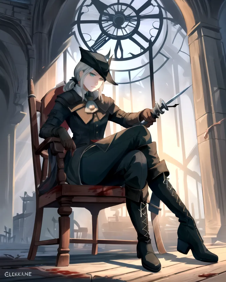 The image is of a woman sitting in a chair. She is wearing a black hat, a black coat, and black boots. She has a sword in her right hand and a gun in her left hand. She is sitting in a ruined building. There is a large clock in the background.