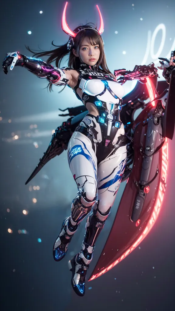 This is an image of a female character with long black hair and red horns. She is wearing a white and black bodysuit with blue and pink highlights. She has a large sword in her right hand. She is standing in a futuristic city with skyscrapers and neon lights in the background.