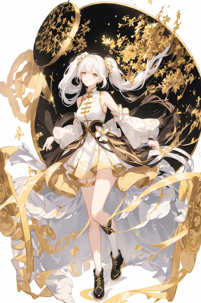 The image is a painting of a young woman in a white and gold dress. She has long white hair and gold eyes. She is standing in front of a black background with a golden halo around her. There are also some white and gold flowers around her. The painting is done in a realistic style and the woman is depicted in a very idealized way. She is beautiful and perfect, and she seems to be glowing with light. The painting is very detailed and the artist has clearly spent a lot of time on it.