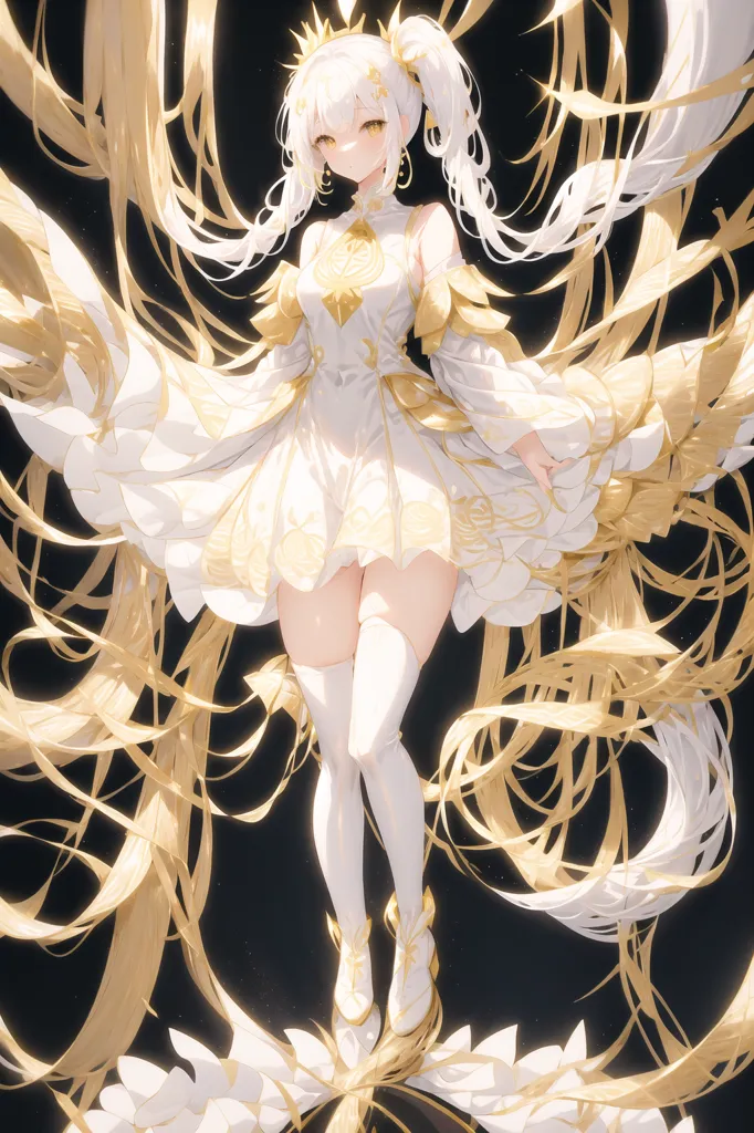 The image is of a young woman with long white hair and golden eyes. She is wearing a white dress with a golden corset and a long white veil. She is also wearing a golden crown and has a golden necklace around her neck. She is standing in front of a dark background with a golden glow around her.