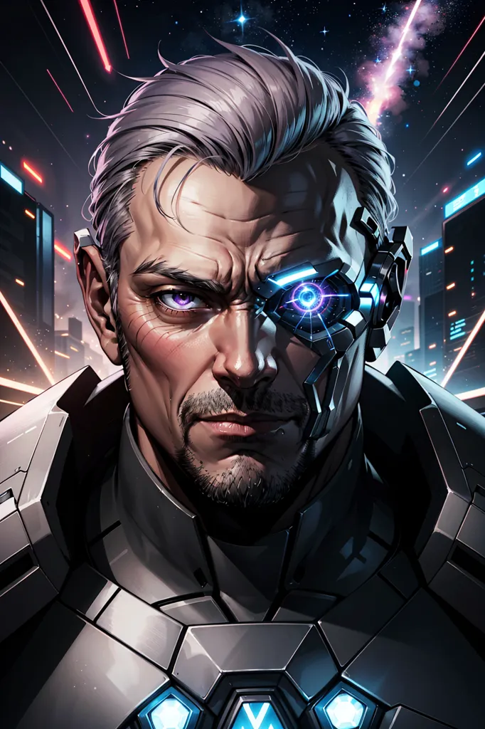 The image is a portrait of a man with grey hair and a beard. He has a cybernetic eye and a scar on his face. He is wearing a black and grey suit of armor. The background is a futuristic cityscape with bright lights and flying cars.