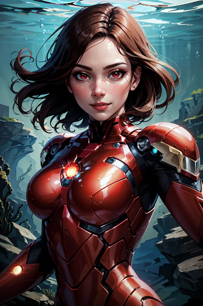 The image shows a woman with brown hair and brown eyes. She is wearing a red and gold Iron Man suit. The suit has a red circle in the center of the chest. She is standing in a dark place. There is water on the ground. There are rocks and plants in the background.