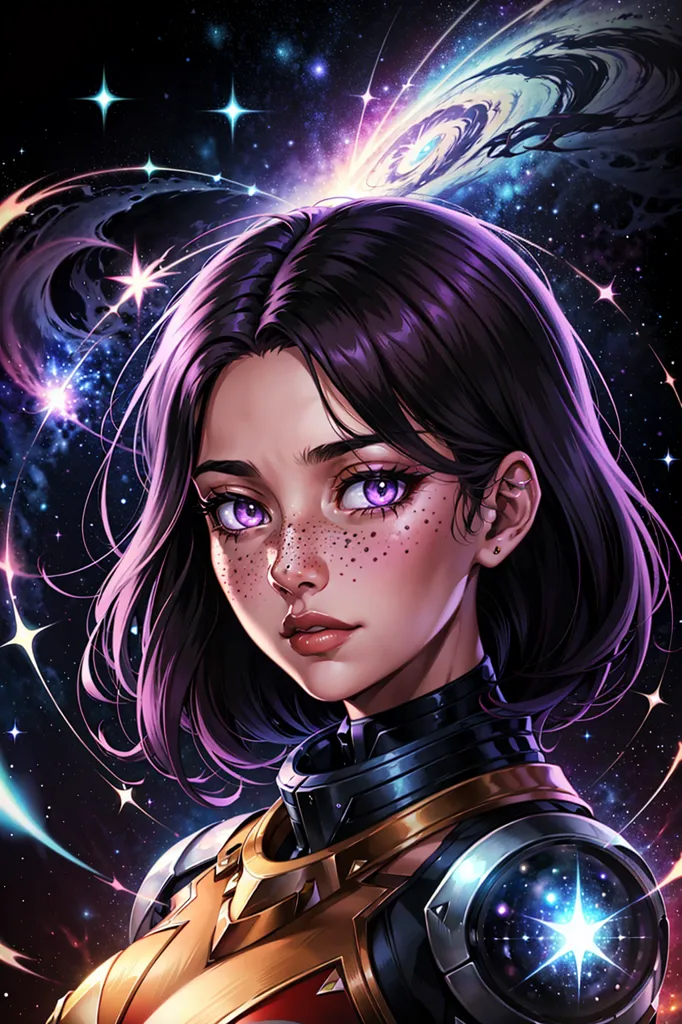 The image is of a young woman with short purple hair and brown eyes. She is wearing a yellow and brown outfit and has a serious expression on her face. She is standing in front of a starry background with a large glowing planet in the background.