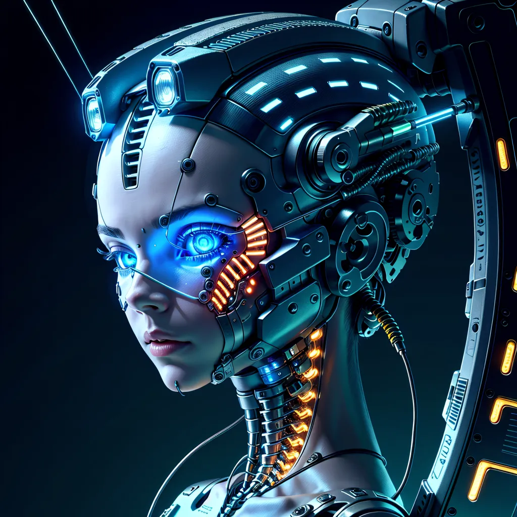 The image is a portrait of a female cyborg. She has a metallic face with a blue eye and a mouth. Her head is covered in a helmet with various wires and tubes attached to it. She is wearing a black suit with a white collar. The background is dark blue. The cyborg is looking at the viewer with her one visible eye. She has a serious expression on her face.