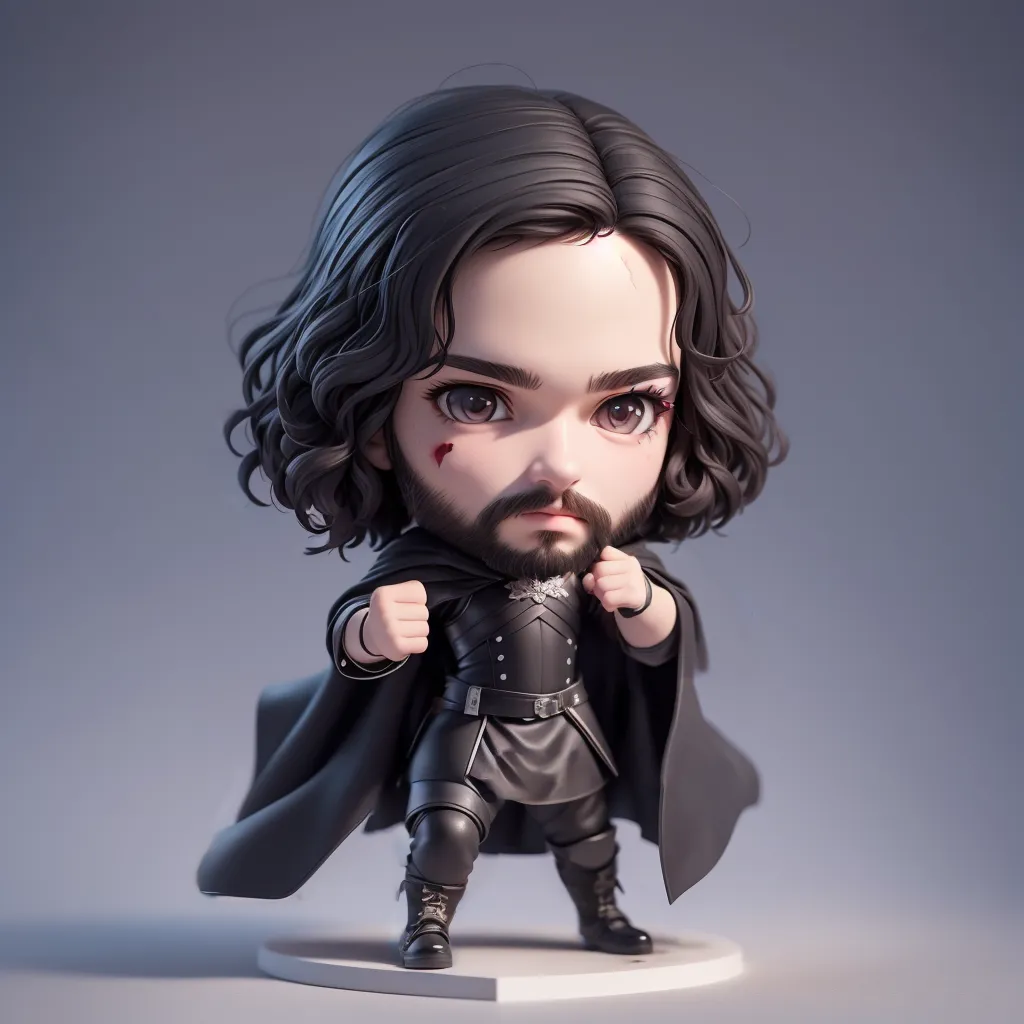 The image is of a 3D rendering of a character from the TV show Game of Thrones. The character is Jon Snow, and he is depicted in his Night's Watch outfit. He is standing in a fighting stance, with his fists raised and his feet shoulder-width apart. He is wearing a black cloak over his black leather armor. His hair is long and dark, and his eyes are brown. He has a small scar on his left cheek. The background is a light grey.
