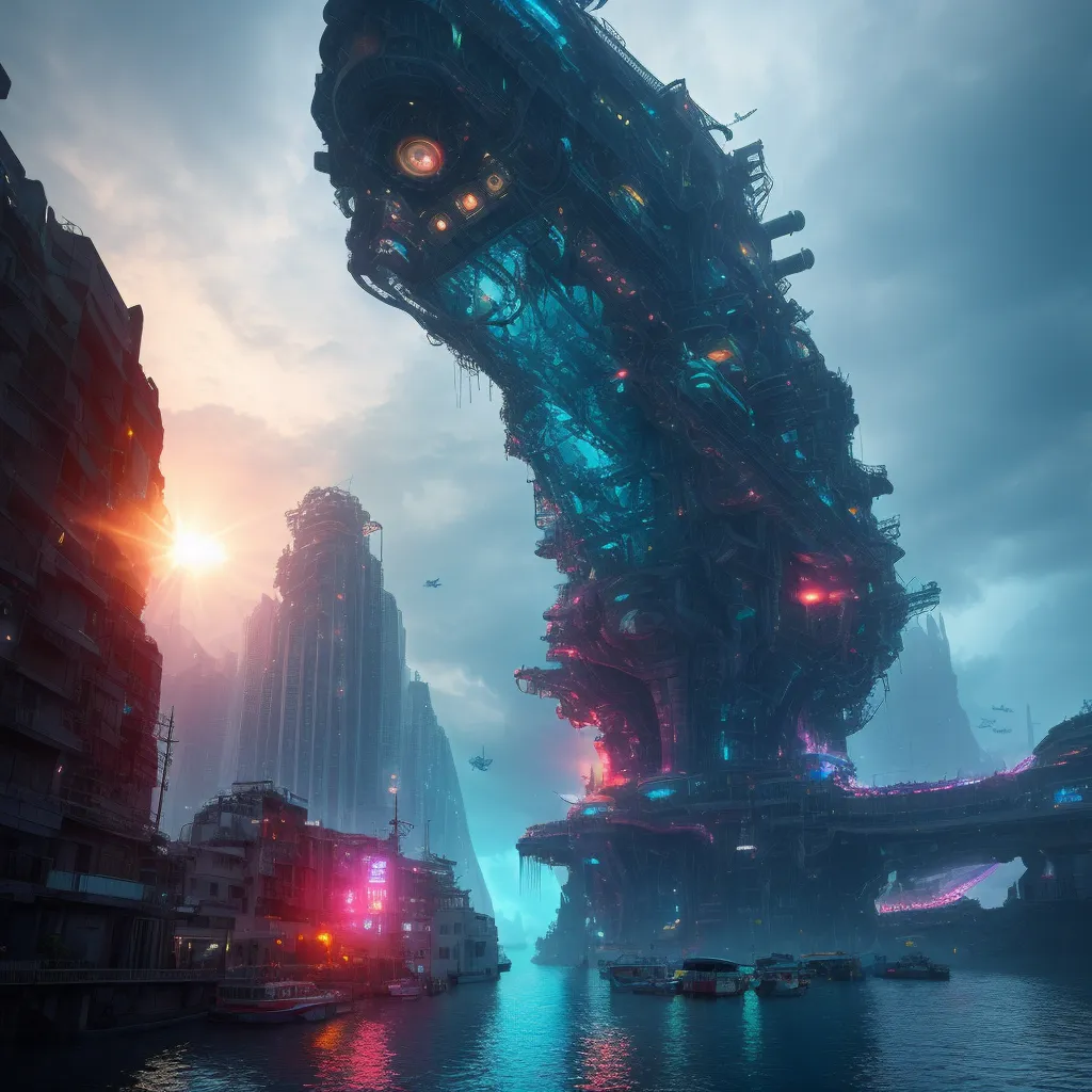 The image shows a futuristic city with a large, mechanical structure in the center. The structure is made of metal and glass and has a large, glowing eye on the front. There are several smaller buildings around the structure, and a river runs through the city. The sky is dark and cloudy, and there is a bright light in the distance.