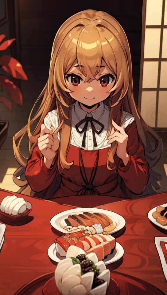 The image shows an anime-style girl with long, wavy brown hair and red eyes. She is wearing a red dress with a white collar and a black bow. She is sitting at a table with a plate of food in front of her. The food includes a variety of items, including sushi, rice, and vegetables. The girl is smiling and has her hands up in the air. She is excited to eat the food. The background of the image is a traditional Japanese-style room with a shoji screen and tatami mats.