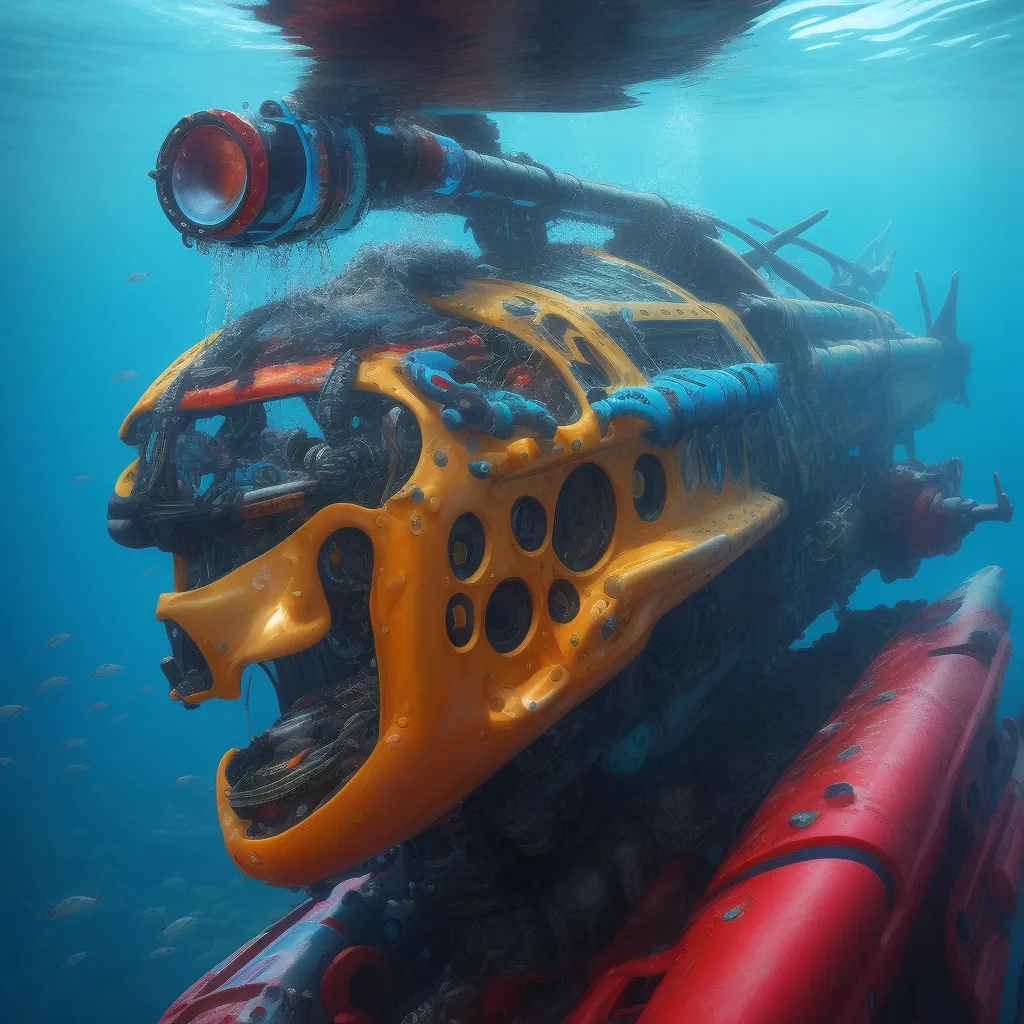 The image shows a large, yellow submarine with a red tail. It has a large, round window on the front and a smaller, round window on the side. There is a large, blue light on the top of the submarine. The submarine is covered in rust and barnacles. There are fish swimming around the submarine. The water is a deep blue color.