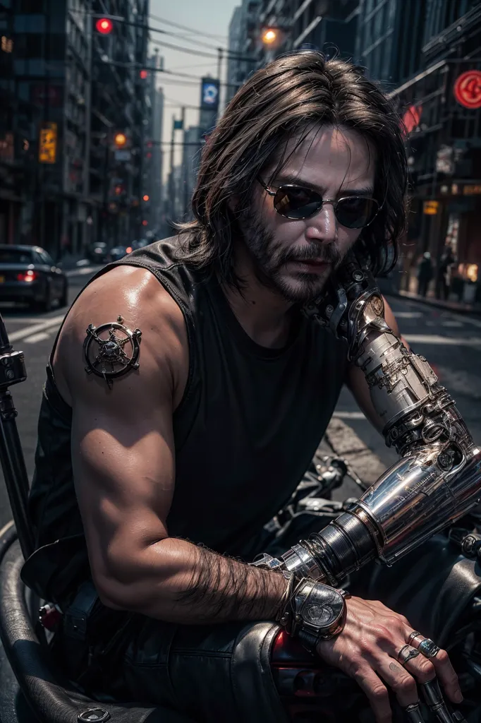 Esta é uma imagem de um homem sentado em uma motocicleta. Ele está usando uma regata preta e óculos de sol. Ele tem cabelos longos e castanhos e uma barba. Ele tem uma tatuagem no ombro e um braço de metal. Ele está sentado em uma motocicleta preta e há carros e edifícios ao fundo.