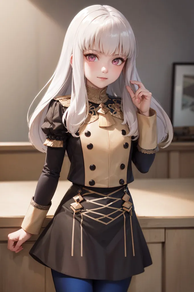 The image shows a young woman with long white hair and purple eyes. She is wearing a black and brown uniform with a white collar. She is standing in a room with a wooden table and a painting on the wall.