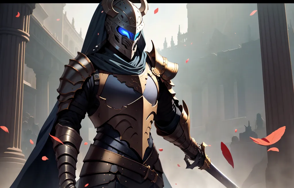 The image is of a knight in full armor. The knight is standing in a dark place, with a large building in the background. The knight is wearing a helmet with a visor, and a blue scarf. The knight's armor is made of metal, and has a blue glow. The knight is holding a sword in one hand, and a shield in the other hand. The knight is surrounded by red rose petals.