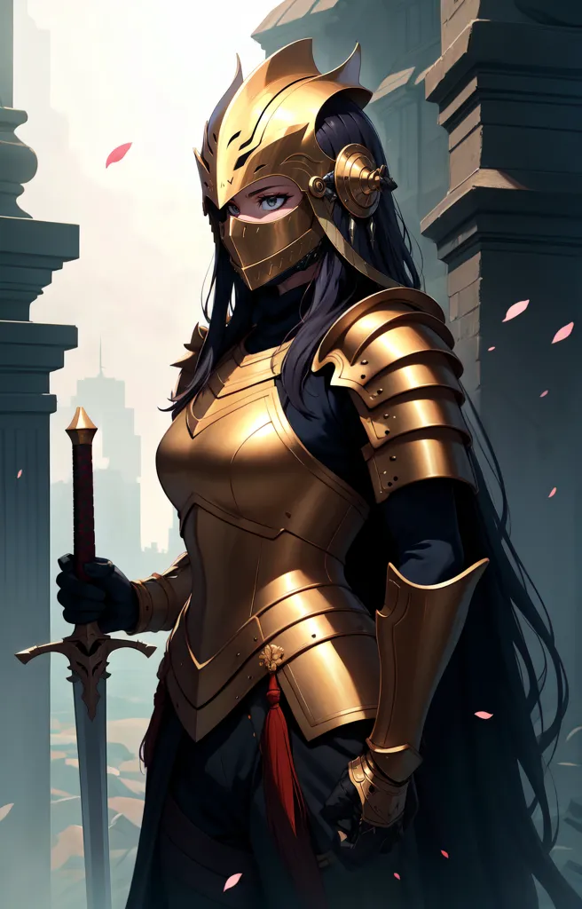 The image is of a female knight in golden armor. She is wearing a helmet with a visor that is up, revealing her face. She has long black hair that is flowing out from under her helmet. She is wearing a breastplate, pauldrons, and gauntlets. She is also wearing a red sash around her waist. She is holding a sword in her right hand. The background is of a city with tall buildings and a river running through it.