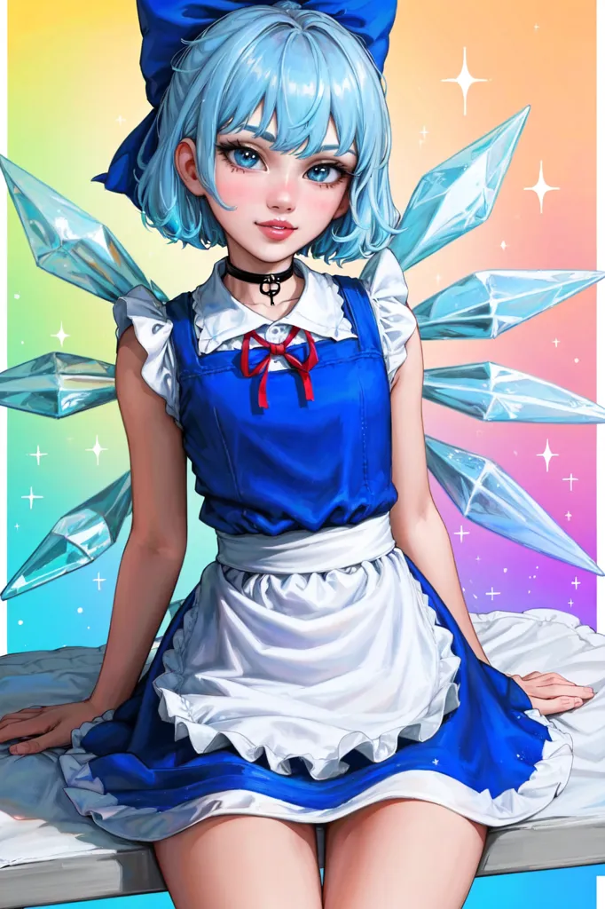 The image is a painting of a young woman with blue hair and eyes. She is wearing a blue and white maid outfit with a red bow at the neck and a white apron. She has a serious expression on her face and is looking at the viewer. Her hair is short and styled in a bob with bangs. She is sitting on a bed with her legs crossed and her hands resting on her lap. The background is a rainbow of pastel colors with sparkles and there are crystal shards floating around her.