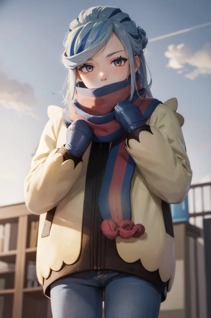 Voici une illustration de style anime d'une jeune femme. Elle a les cheveux bleus et les yeux jaunes, et elle porte une veste jaune, une écharpe rouge et bleue, et un jean bleu. Elle se tient dans un paysage enneigé et regarde le spectateur avec une expression timide.