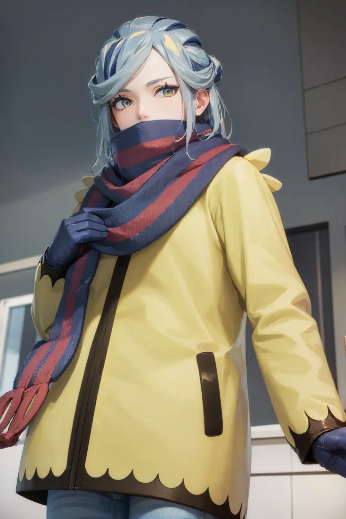 The image shows a young woman standing in a room. She is wearing a yellow raincoat, a blue and red scarf, and blue jeans. She has blue hair and yellow eyes. She is looking at the viewer with a serious expression.