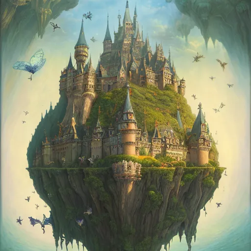 La imagen es una pintura de fantasía de un castillo en una isla flotante. El castillo está hecho de piedra gris con acentos azules y verdes. Tiene muchas torres y torrecillas, y está rodeado por una alta muralla. La isla está cubierta de hierba verde y árboles. Hay varias hadas volando alrededor del castillo, y hay dos dragones volando en el fondo. La pintura está hecha en un estilo realista, y los colores son vibrantes y realistas.