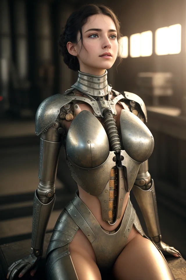 The image is of a beautiful woman with long brown hair. She is wearing a silver metal exoskeleton that covers her chest, arms, and legs. The exoskeleton has a steampunk aesthetic and is decorated with rivets and gears. The woman's expression is one of determination and strength. She is sitting on a bench in what appears to be a factory or workshop. The background is blurry and out of focus.