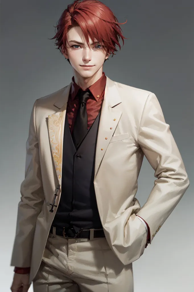 This is an image of a young man with red hair and green eyes. He is wearing a white suit jacket and black vest with a red shirt and black tie. He has a gold pocket watch chain and a pen in his pocket. He is standing with one hand in his pocket and the other holding his jacket. He has a confident smile on his face.