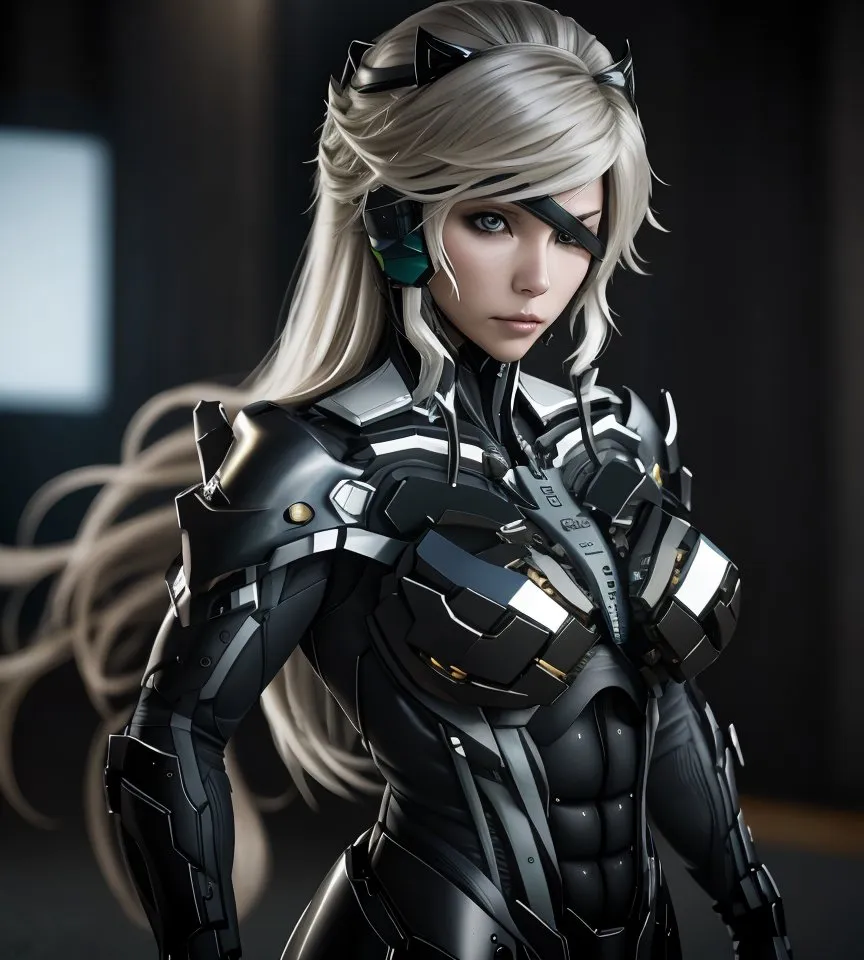 The image is of a beautiful young woman with long white hair and blue eyes. She is wearing a black and gray bodysuit with a metallic sheen. The suit has a high collar and is sleeveless. She is also wearing a pair of black boots. The woman is standing in a dark room with a white background. She is looking at the viewer with a serious expression.