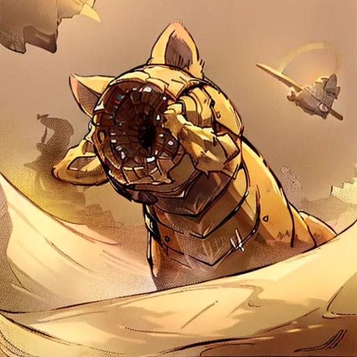 The image shows a sandworm from the Dune series. It is a large, serpentine creature with a segmented body and a large mouth filled with teeth. The sandworm is depicted as being in the middle of a desert, with a plane flying in the background. The sandworm is colored in shades of brown and yellow, with its body covered in a series of segmented plates. Its mouth is open, revealing a large number of sharp teeth. The sandworm is depicted as being in the middle of a sandstorm, with the wind blowing sand around its body.