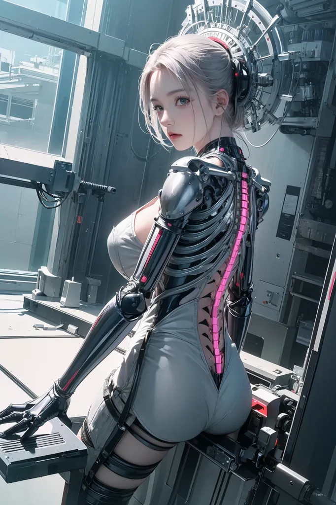 The image is a digital painting of a female cyborg. She has long white hair, blue eyes, and a fair complexion. She is wearing a white bodysuit with a metallic spine and pink highlights. She is also wearing a pair of black boots and a pair of headphones. She is standing in a futuristic setting, surrounded by machinery.