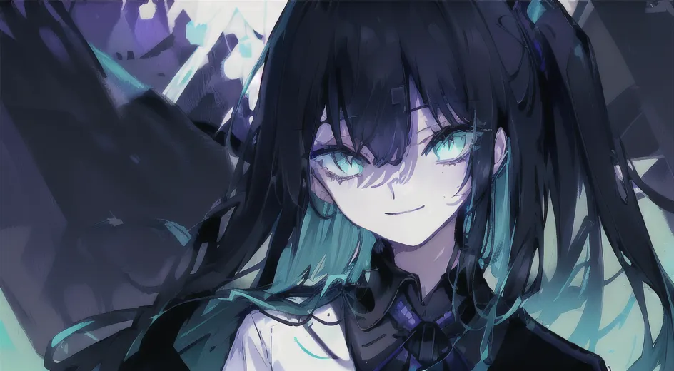 The image is a dark-haired anime girl with green eyes. She is wearing a white shirt and a black jacket. The girl is smiling and has a confident expression on her face. She has two green streaks in her hair and there is a dark purple background with light purple and blue accents.