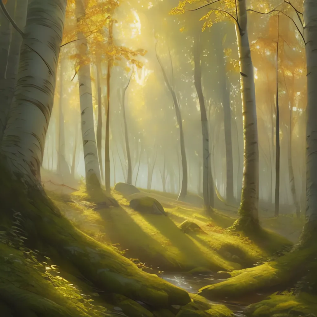 The image is a beautiful landscape painting of a forest. The trees are tall and majestic, and the sunlight is streaming through the trees. The forest floor is covered in moss. There is a small stream running through the forest. The painting is very peaceful and serene.