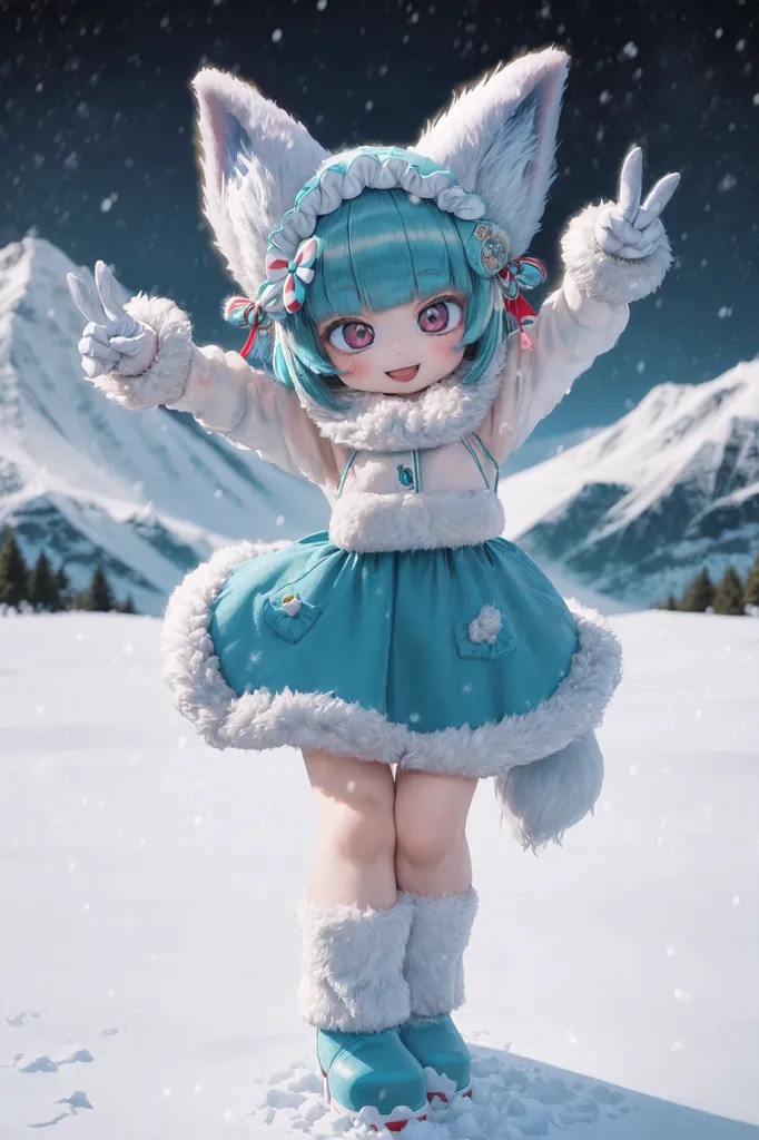 A imagem mostra uma garota em estilo anime com orelhas de raposa brancas e uma cauda fofa e branca. Ela está usando um traje de inverno azul e branco com uma saia, botas e um chapéu com abas. A garota está em pé em uma paisagem nevada, cercada por montanhas cobertas de neve. Ela tem os braços levantados no ar e está sorrindo feliz.