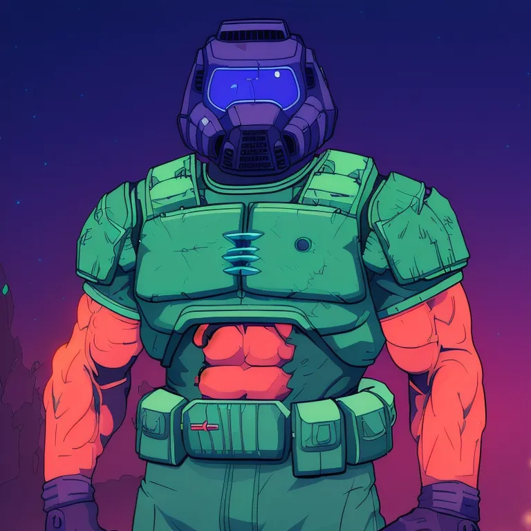 This is an image of the Doom Slayer, the protagonist of the Doom video game series. He is wearing his iconic green armor and helmet, and is standing in a dark, fiery environment. The image is drawn in a comic book style, and the colors are vibrant and saturated. The Doom Slayer is a muscular and powerful figure, and he is depicted here as a hulking and intimidating presence. The image is full of action and energy, and it captures the essence of the Doom series.