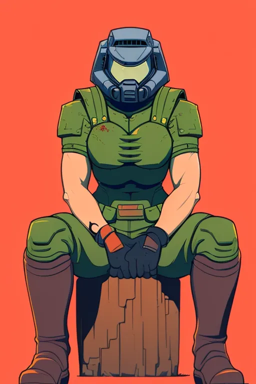 The image is a drawing of a woman wearing a green and brown armor with a helmet. She is sitting on a tree stump with her legs crossed and her hands resting on her knees. The background is a solid orange color. The woman's expression is one of calm determination. She is wearing a green bodysuit with brown boots and gloves. The armor has a red symbol on the chest. The helmet has a visor that is covering her eyes.