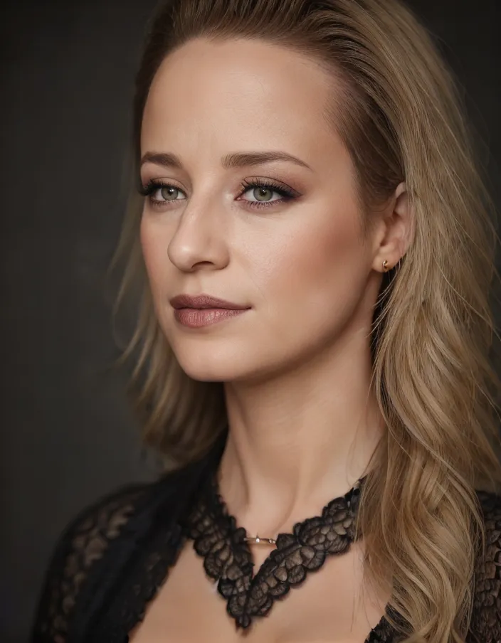 The image shows a woman with blonde hair and green eyes. She is wearing a black lace dress with a sweetheart neckline. The dress is trimmed with a scalloped lace hem. The woman's hair is styled in loose waves and she is wearing a necklace with a diamond pendant. Her makeup is natural and she is wearing a soft smile. The background is a dark brown.