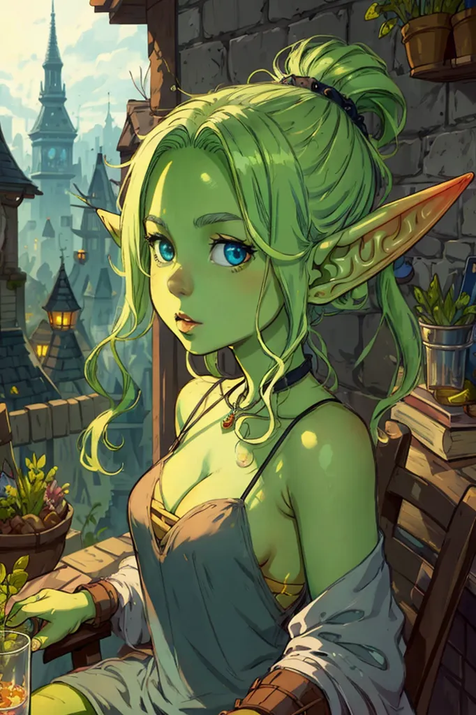 The image is of a green-skinned elf woman with long green hair and blue eyes. She is wearing a white shirt and a brown vest. She is sitting on a chair in a stone building, looking out at a city. There are plants and flowers on the windowsill behind her.