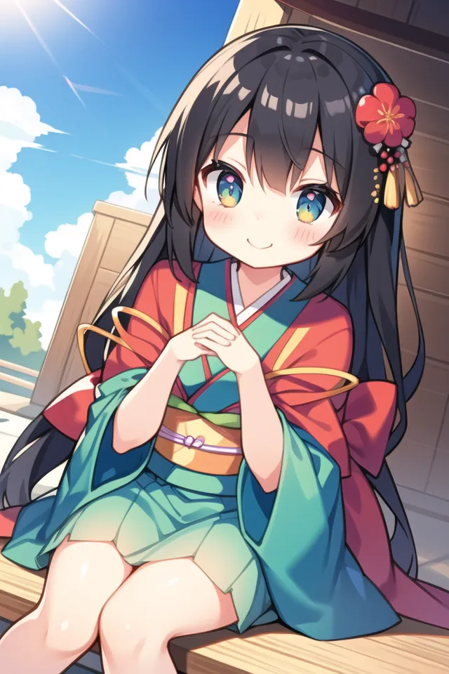 The image shows an anime-style girl with long black hair and blue eyes. She is wearing a red and green kimono with a white obi and a large red bow in her hair. She is sitting on a porch, with a bright sunny day behind her. She has a shy smile on her face and is looking at the viewer.