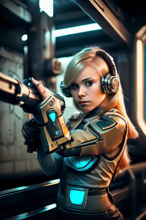 The image shows a young woman standing in a dark room. She is wearing a futuristic suit of armor and holding a gun. She has blonde hair and blue eyes, and she is looking at the camera with a determined expression. The background of the image is dark and out of focus, but it looks like there are some kind of machines or structures in the distance.