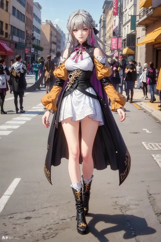 The image is a digital painting of a young woman with long silver hair and purple eyes. She is wearing a white dress with a black corset and a long black coat. She is also wearing black boots and a black hat. The woman is standing in a street with a crowd of people walking past her. The street is lined with buildings and there is a blue sky with white clouds overhead.