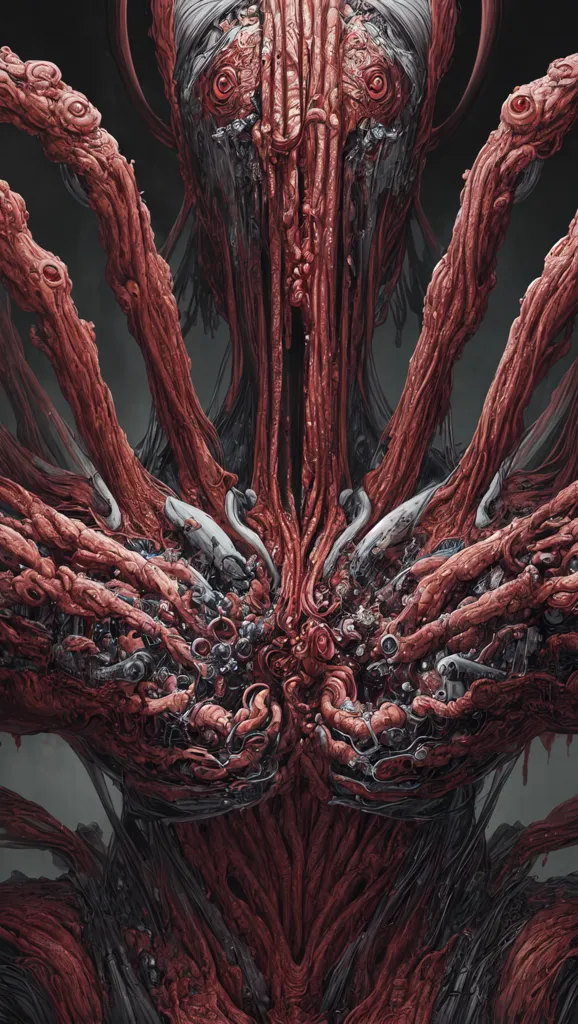 The image is a nightmarish depiction of a fleshy humanoid creature. The creature is composed of a mass of writhing, pulsating flesh and muscle, with multiple limbs and a gaping mouth filled with sharp teeth. Its eyes are wide and unblinking, and its skin is covered in a layer of thick, viscous liquid. The creature appears to be in a state of great pain and suffering, and it is surrounded by a dark, ominous a