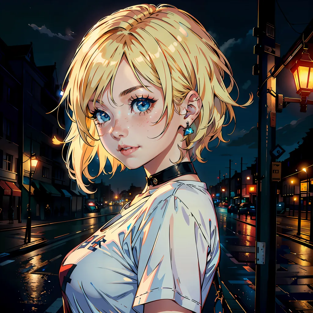 The image is a portrait of a young woman with short blonde hair and blue eyes. She is wearing a white T-shirt and a black choker. The background is a blurred cityscape at night. The woman is looking at the viewer with a slightly tersenyum expression.